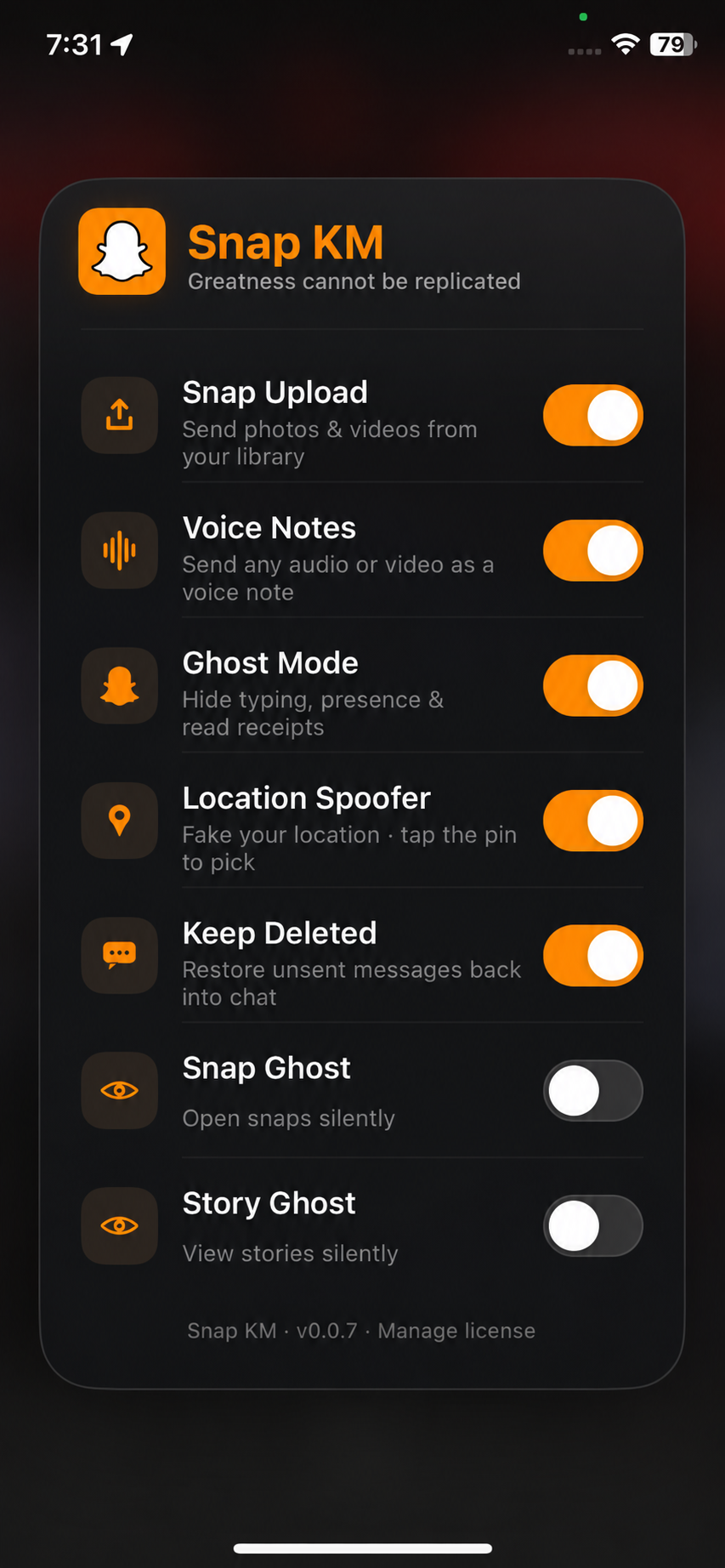 Snap KM running on an iPhone, showing the in-app feature panel with toggles enabled